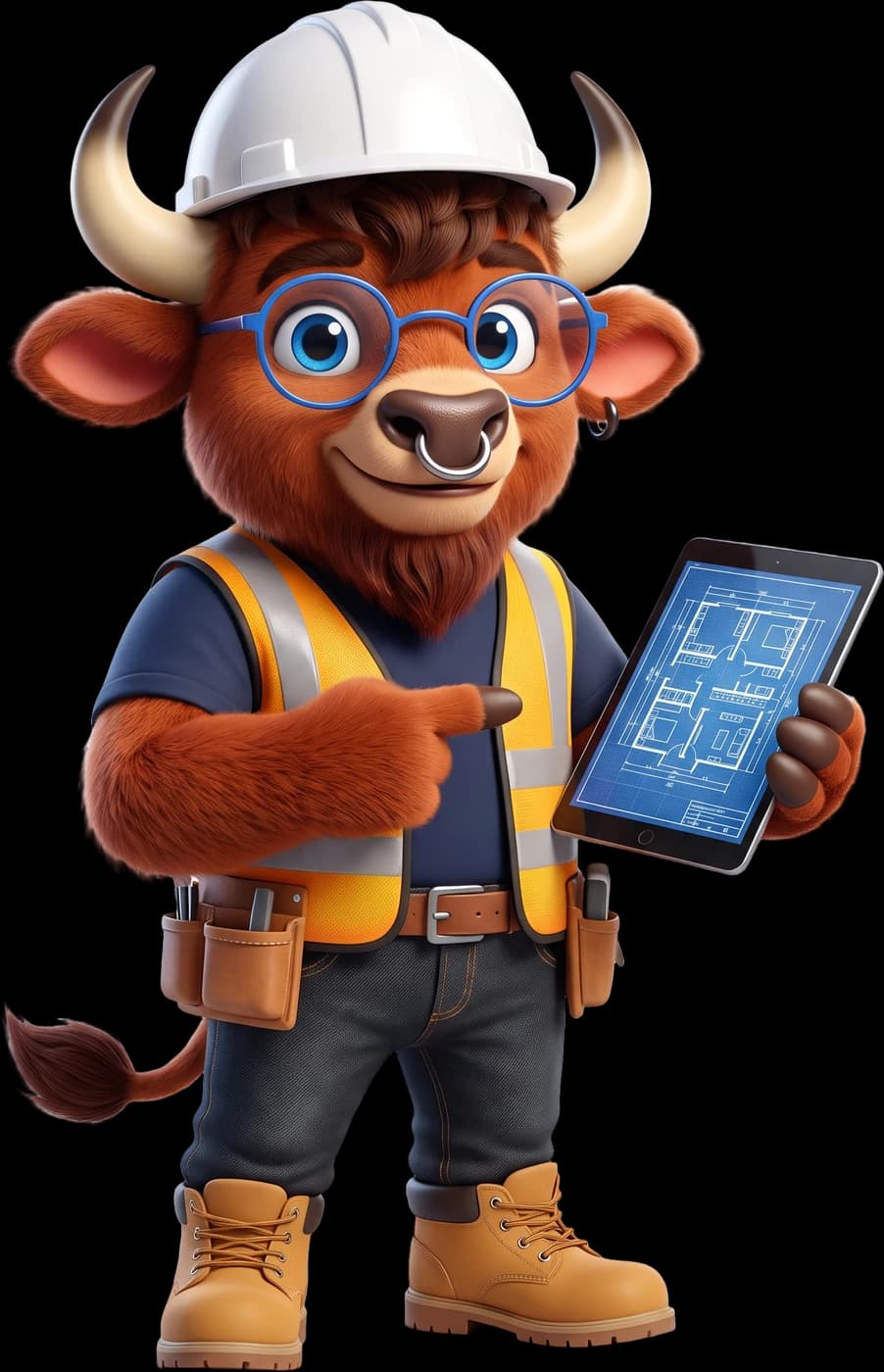 Bizon Build, a bison character in a hard hat pointing at a blueprint on a tablet