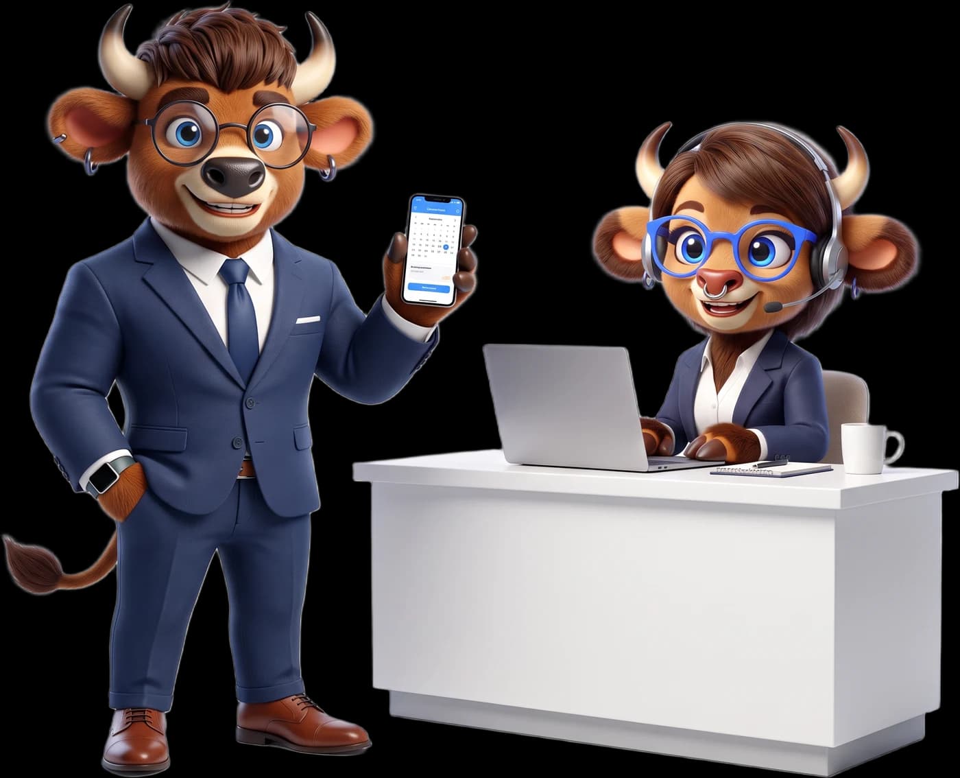 Bizon Sales: a bison sales executive in a navy suit holding a phone with a booked appointment, next to a bison receptionist with a headset at her desk