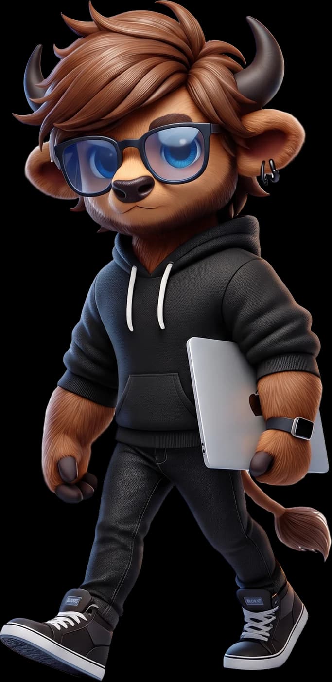 Developer Bizon in a hoodie carrying a laptop