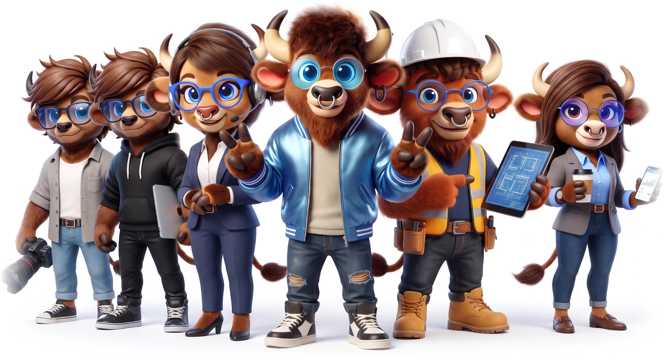 The Growth Bizon team: six bison characters for sales, estimates, web, video and marketing